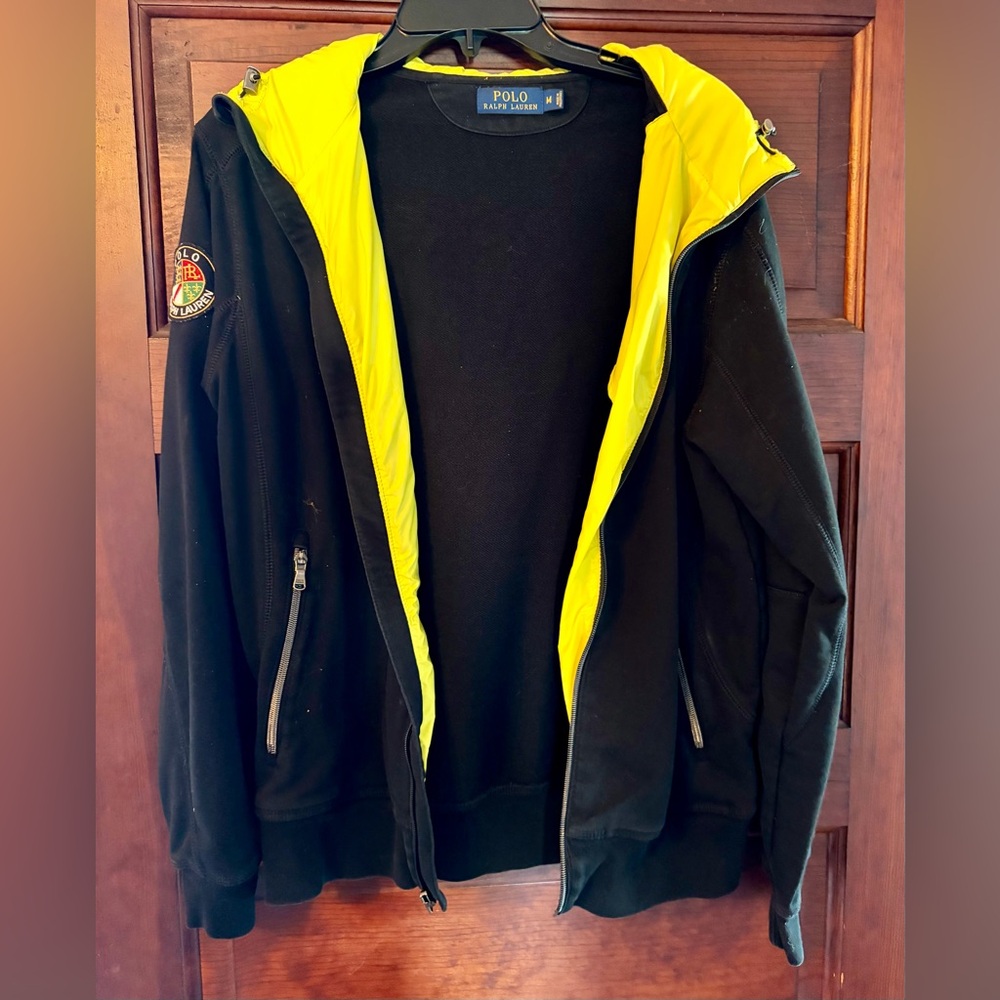 Men’s medium Polo Ralph Lauren black yellow zip-up hoodie jacket w crest patch